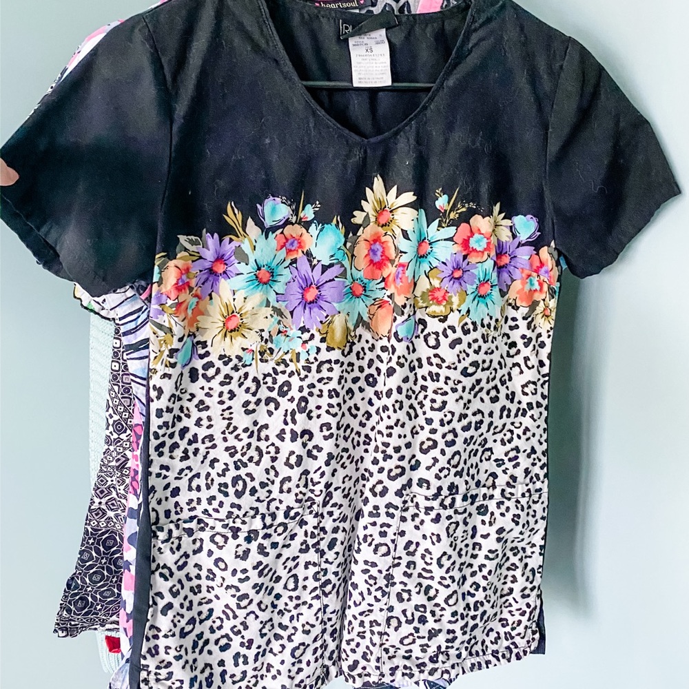 Runway Cherokee Floral and Leopard Print Scrub Top